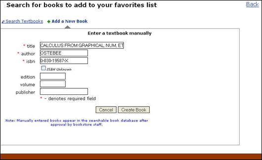 Figure 3:  Enter a Textbook Manually